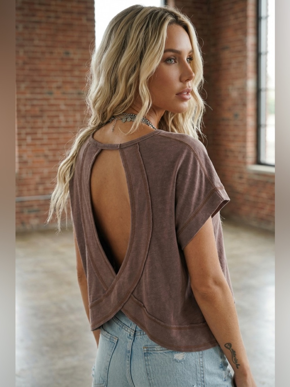 NWT Washed Brown Cotton Open Back Cropped Tee T-Shirt Crop Top